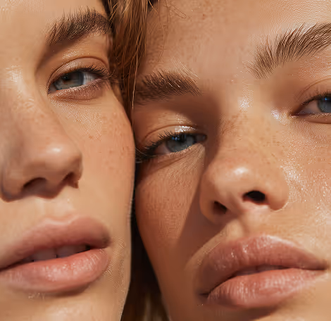 Close-up of two women with light skin, blue eyes, freckles, and natural makeup looking at the camera.
