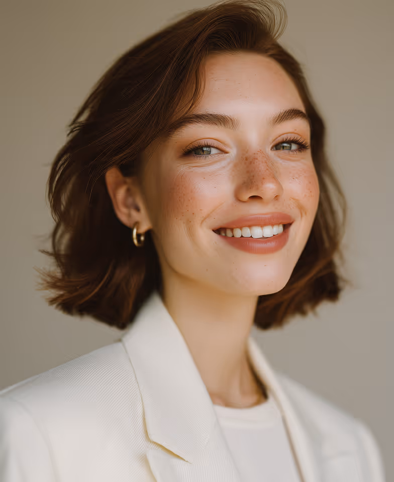 Smiling woman with short brown hair, light freckles, wearing small gold hoop earrings and a white blazer.
