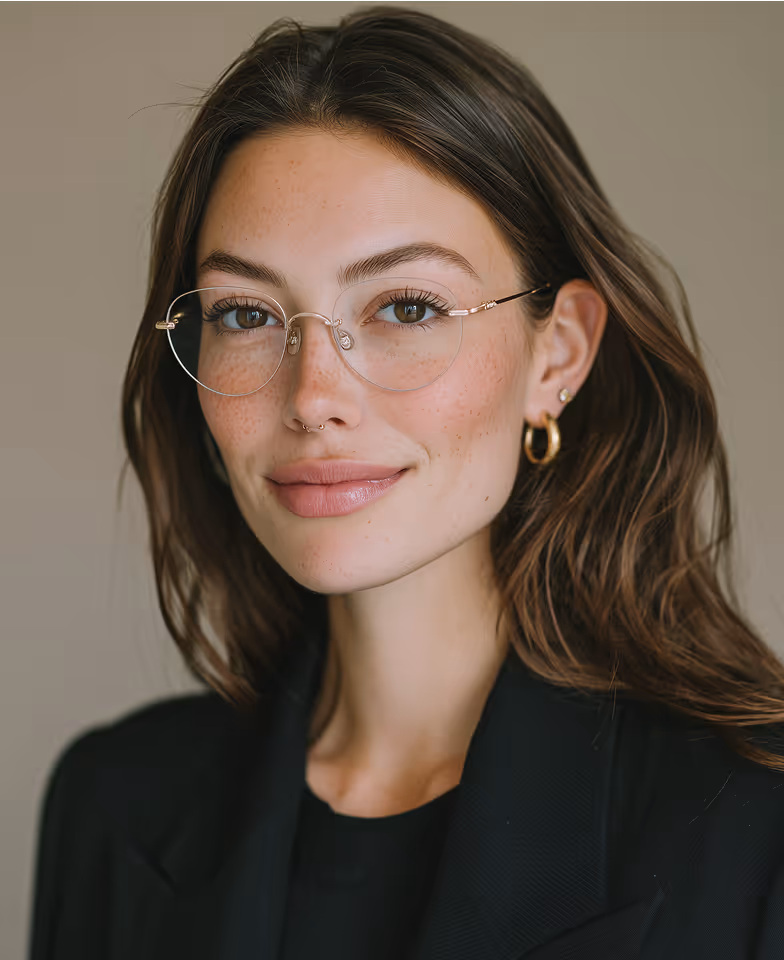 Young woman with long brown hair wearing thin-framed glasses, gold hoop earrings, and a black blazer, smiling softly.