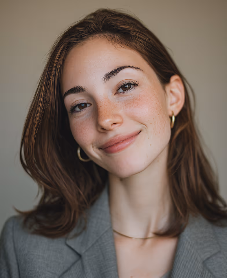 Smiling young woman with shoulder-length brown hair, wearing gold hoop earrings and a gray blazer.