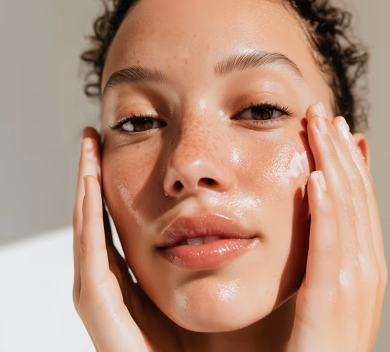 Close-up of a woman with glowing skin gently touching her face with both hands.